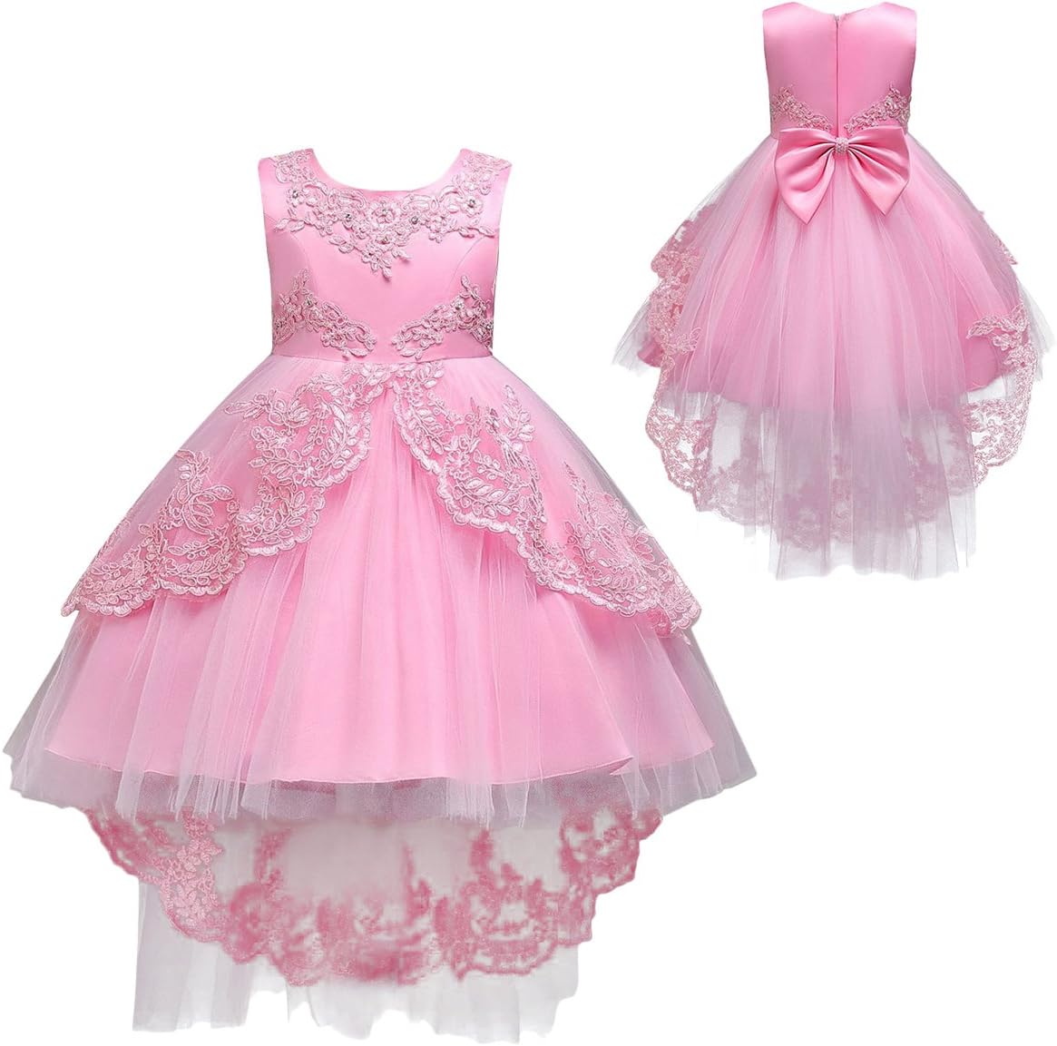 Flower Girls Vintage Overlay Lace Beaded Rhinestone Wedding Tulle Dress Hi Low Communion Party Dance Tutu Gown with Train - Image 6