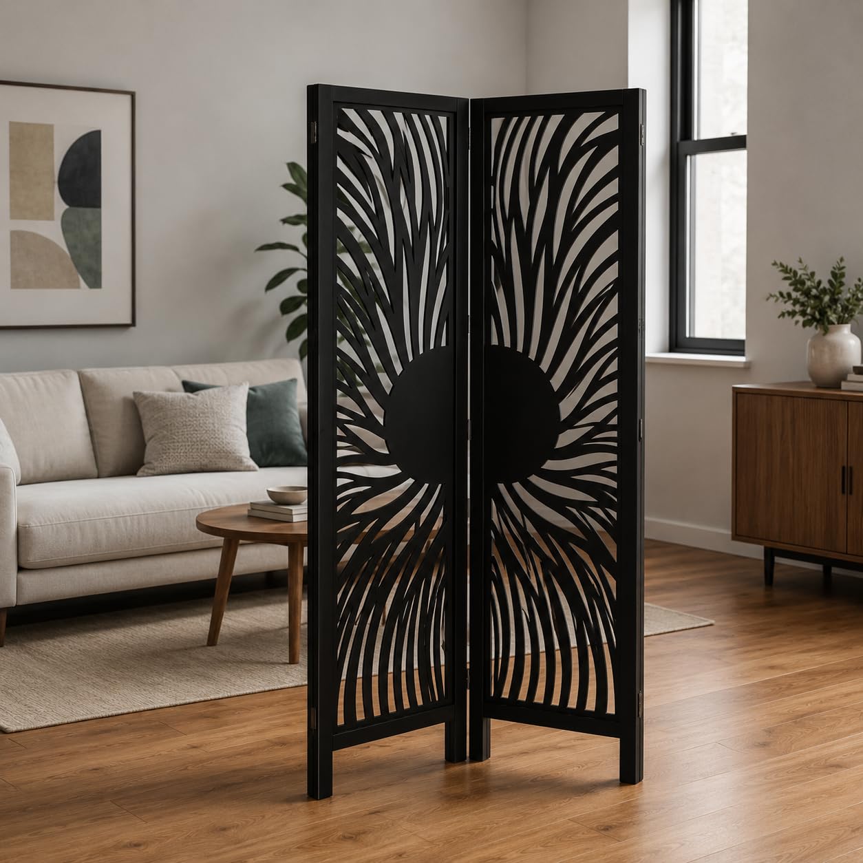 Wooden Folding Room Divider with Laser-Cut Sunburst Design, Freestanding Privacy Screen, 71 Inch Tall, Available in 2, 3 and 4 Panels, Multiple Colors (Black 2 Panel Sun Burst)-image-30
