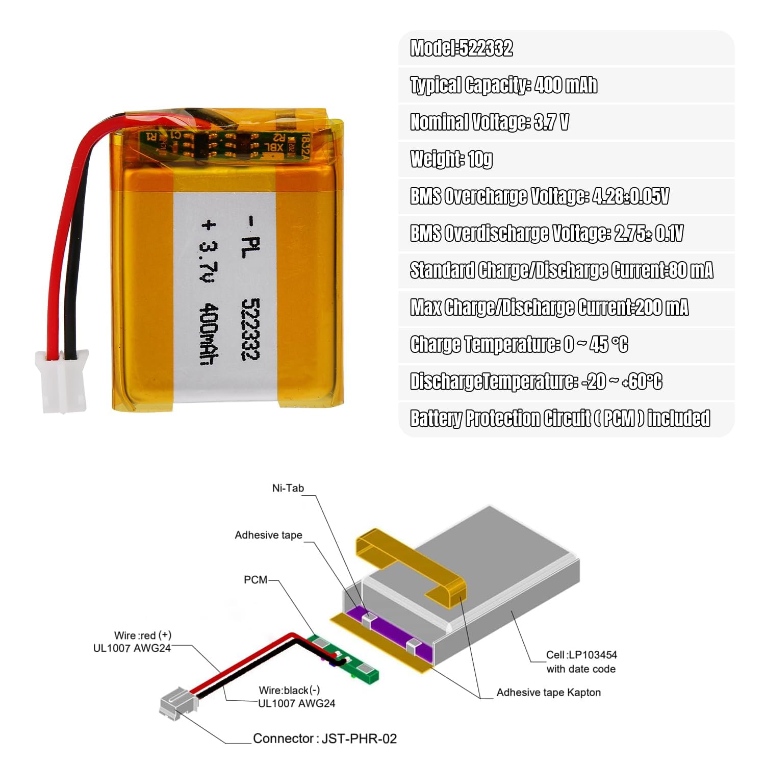 3.7V Lipo battery, 3.7V 400mAh 522332 Lithium Polymer Ion with 2P-PH connection with 2.0 mm pitch — view 4