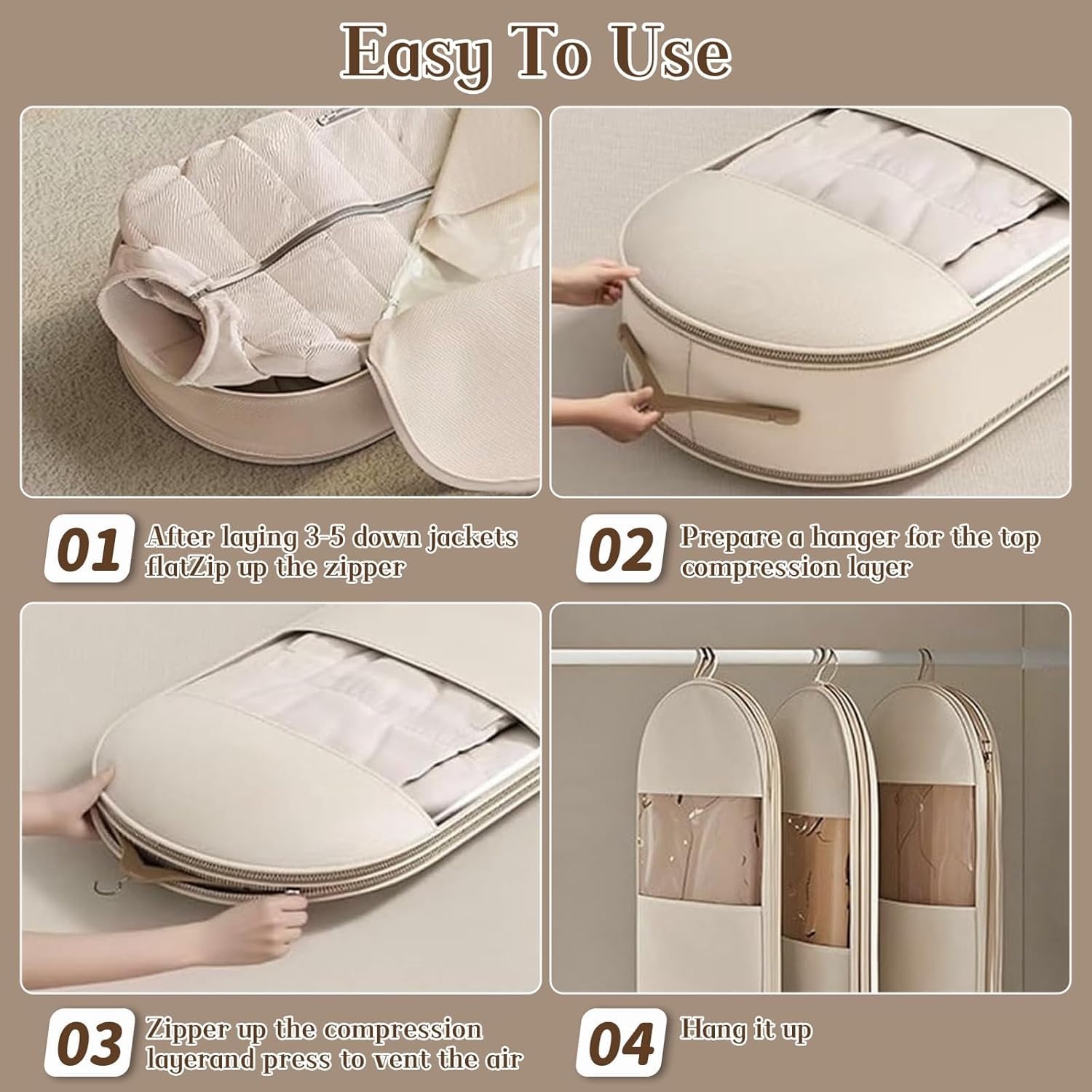 Space Saving Hanging Garment Bag with Self Compression Zipper - Moth Proof Clothes Storage for Coats Suits & Seasonal Wear - Image 3