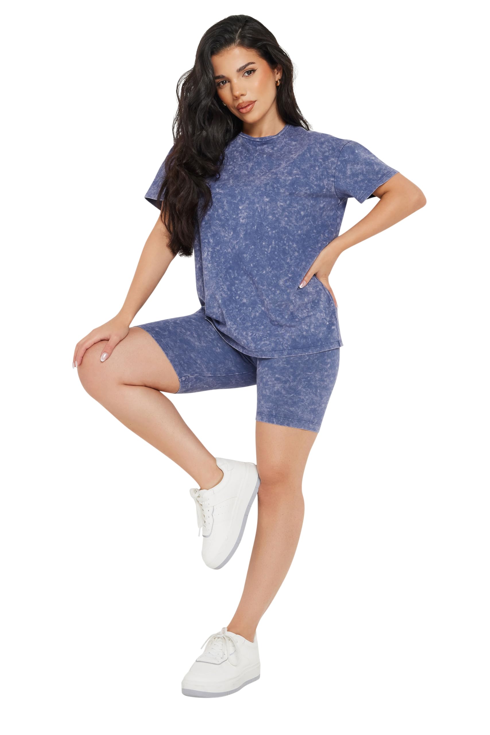 Pixiegirl Women's Blue Petite Acid Wash T-Shirt & Cycling Short Set Petite