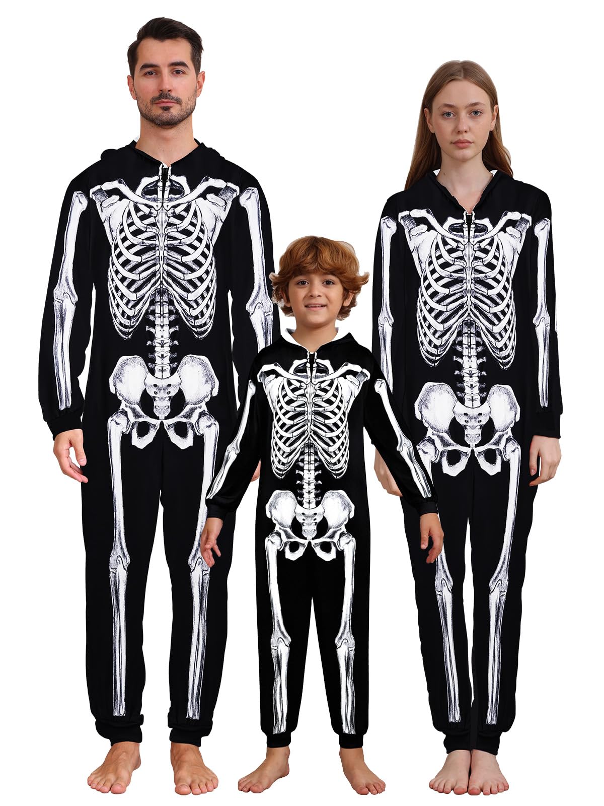 URMAGIC Family Matching Pyjamas Halloween Skeleton Costume Long Sleeve Hooded One Piece Jumpsuit Sleepwear Nightwear Pajamas Pjs for Men Women Children Boys Girls - Image 2