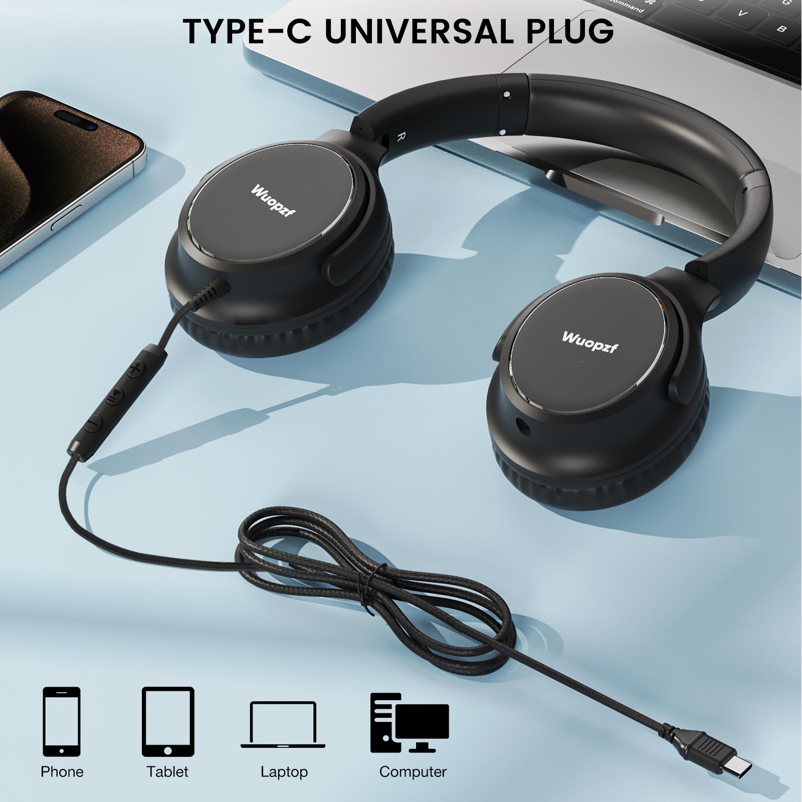 Przewodowe słuchawki nauszne USB C z mikrofonem, regulacją głośności, portem udostępniania i regulowaną opaską na głowę, składany zestaw słuchawkowy stereo do iPhone'a 16, Samsunga, laptopa