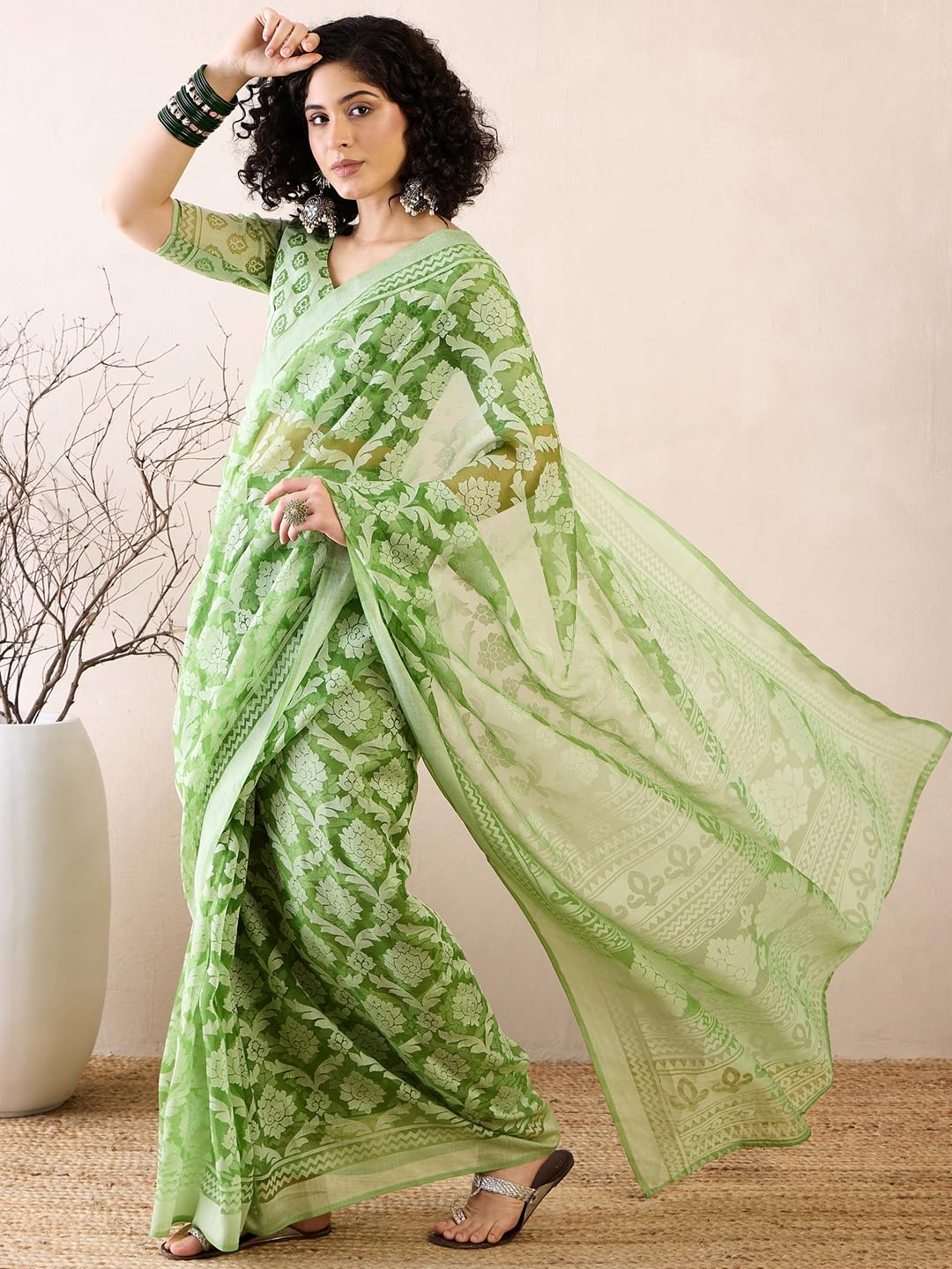 SAREE MALL Women's Green Brasso Floral Printed Ready To Wear one Minute Saree With Unstitched Blouse (RTWMSKR01E_HS) 2