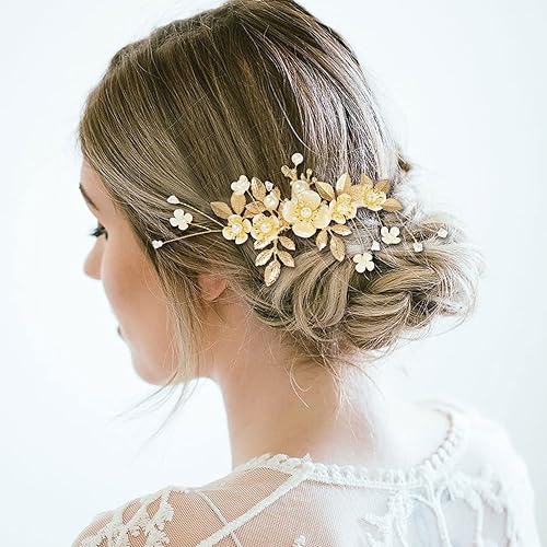 Miniatura 2 de Cinaci Paquete de 27 peines laterales de metal para novias con diamantes de imitación dorados con diamantes de imitación y perlas en forma de U,