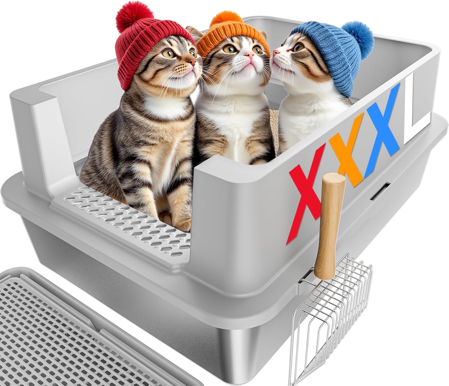 Stainless Steel Litter Box - 28" Extra Large XXXL Cat Litter Box with High Sides, Non-Sticky & Anti-Leakage for Big Cats/Multiple Cats, Includes Heavy Duty Metal Scoop, Grey