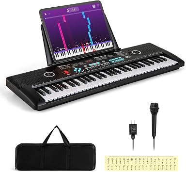 Costzon 61 Key Keyboard Piano, Electric Digital Piano Keyboard with Microphone, Music Stand, Keynote Stickers & Carrying Bag, Portable Keyboard Piano for Beginners Adults