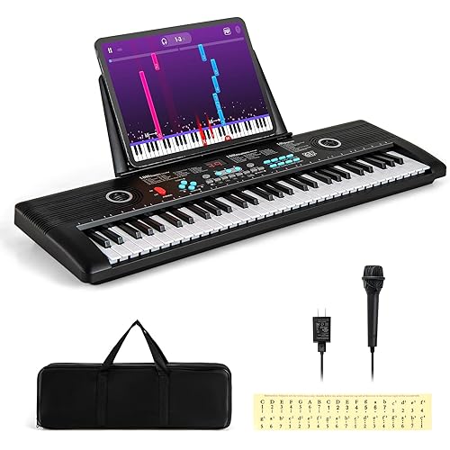Costzon 61 Key Keyboard Piano, Electric Digital Piano Keyboard with Microphone, Music Stand, Keynote Stickers & Carrying Bag, Portable Keyboard Piano for Beginners Adults