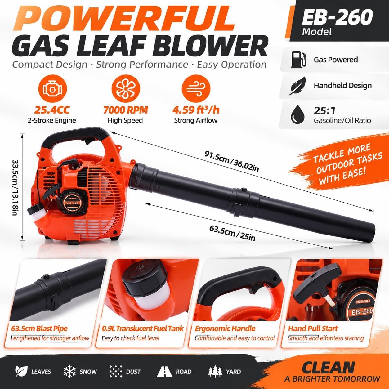 KEhtu Soplador De Hojas A Gasolina Eb-260 De 25,4 CC Y 2 Tiempos, Soplador De Césped Portátil A Gasolina, 7000 RPM, Flujo De Aire De 0,13 M³/s, Depósito De Combustible De 0,9 L, Plástico Y Aluminio,