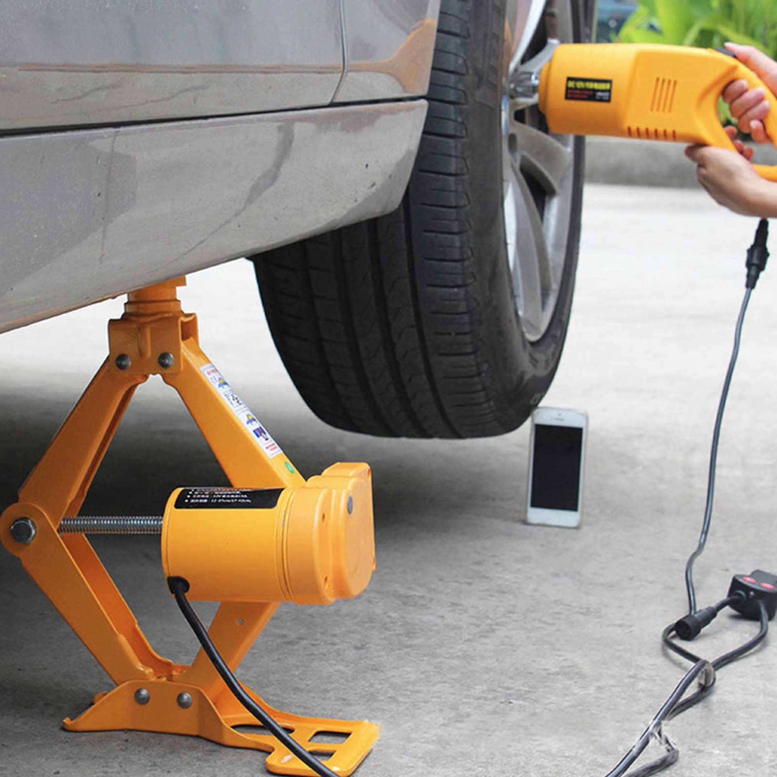 AYNEFY Elektryczny Podnośnik Nożycowy 12 V z Kluczem, Trwały Metal, Udźwig 3 Ton Ułatwiający wymianę Opon na Drodze ((2-tonowy elektryczny podnośnik nożycowy 42CM i)