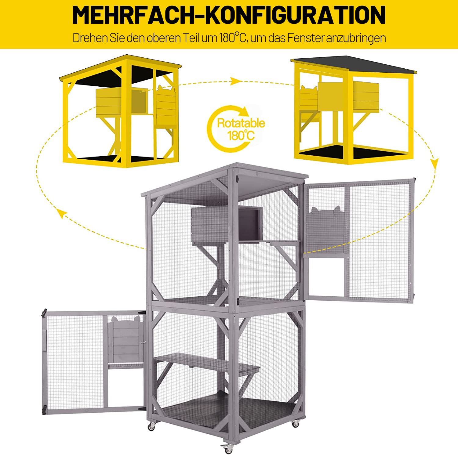 Casa para gatos de madera para uso interior y exterior, gran corral para gatos con ruedas, jaula Catio con tiras de madera reforzadas, techo impermeable