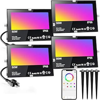 LED Flood Light Outdoor 500W Equivalent 5000LM,Bluetooth RGBW Colored Floodlight Landscape Lighting with APP Control,DIY Scenes,Timing, IP66 Waterproof,2700K,Color Changing Uplight with Ground Stakes