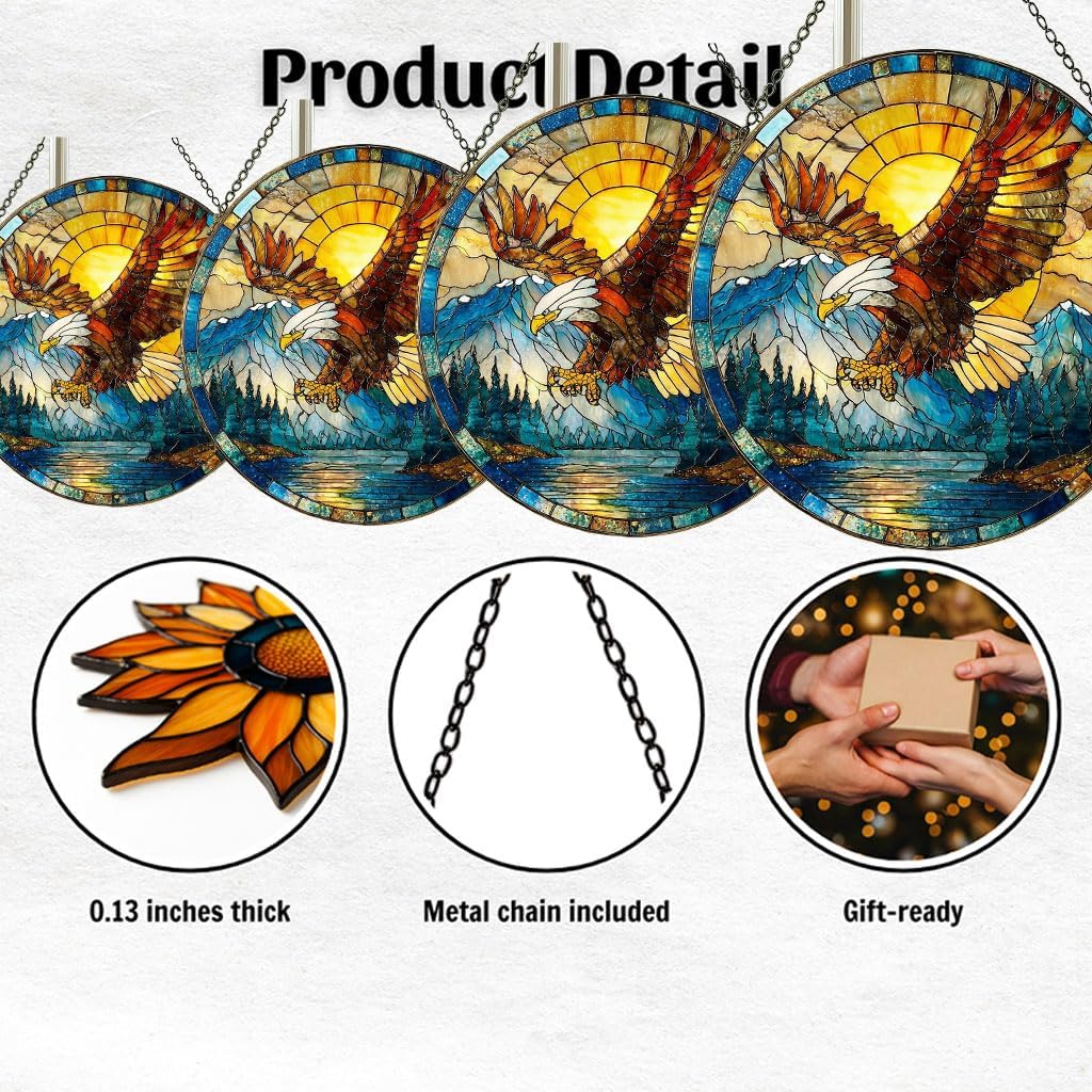 Vivid Eagle Mountain Tiffany Decor Stained Glass Suncatcher Mosaic Effect Window Car Hanging Christmas Ornament Indoor Outdoor Decor Garden Sun Catcher Panel for Eagle Lover for Women Mom Grandma