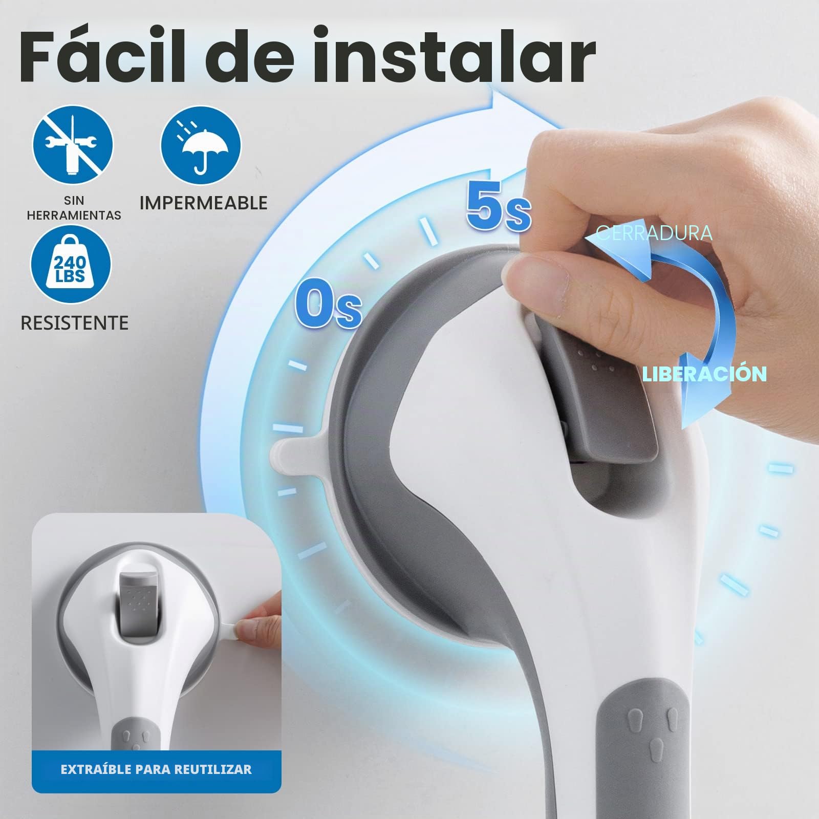LEVERLOC Agarraderas Baño para Mayores, 43 CM Asidero Ducha de Succión, MAX Hold 110 KG Agarrador Ducha Personas Mayores, Agarre de Seguridad, Barra Baño sin Taladrar y Pasamanos Extraíble, Gris