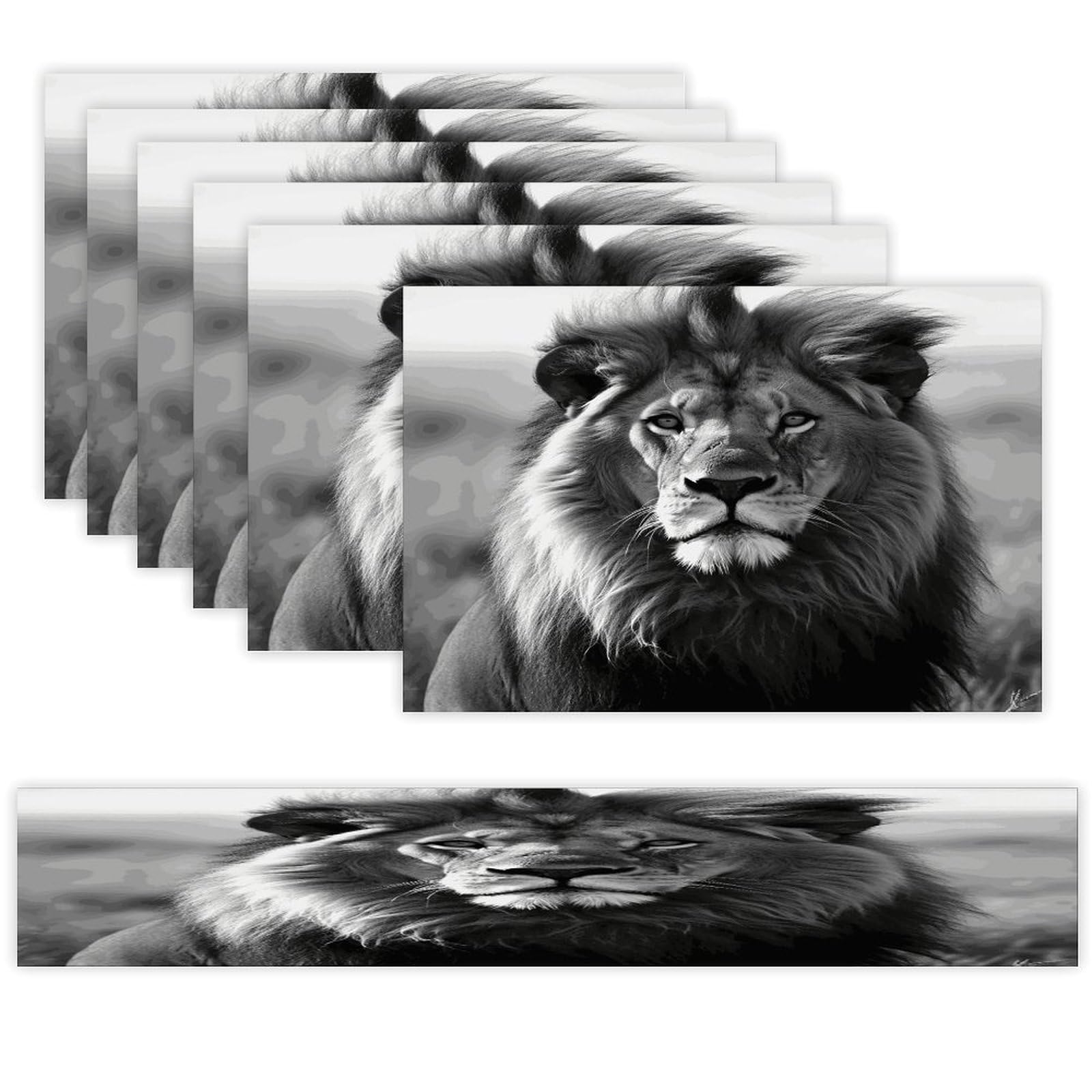 African Lion Black and White Table Runner and Placemats Set of 6 Wipe Clean Heat Resistant Table Mat with Table Runner Decorations Flax Linen Place Mat Set for Home Kitchen Party Supplies