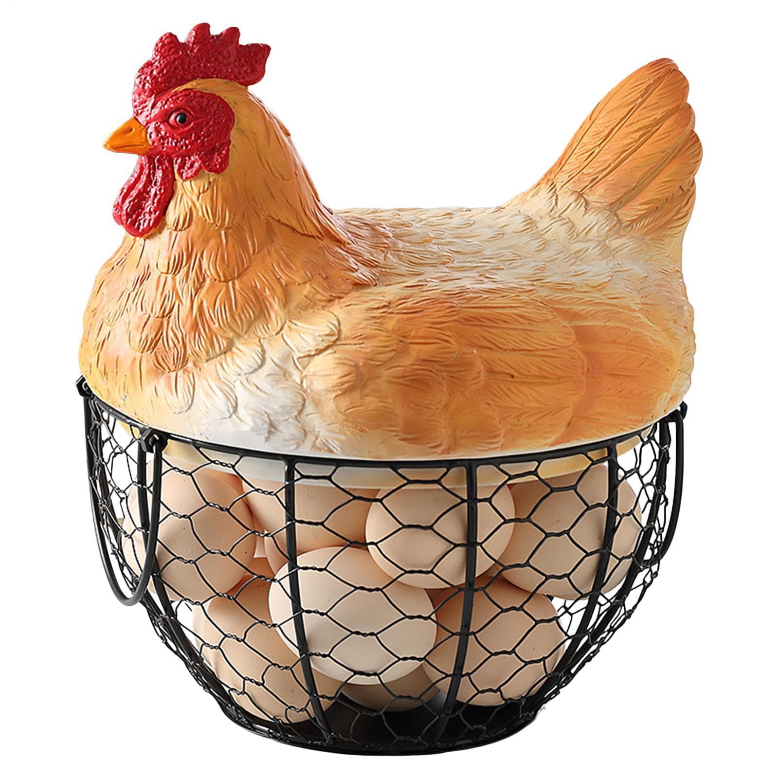 Cesta de recogida de huevos vintage, soporte de almacenamiento de metal con tapa de gallina, construcción resistente, diseño rústico, fácil de llevar, decorativa y funcional, cesta de huevos para