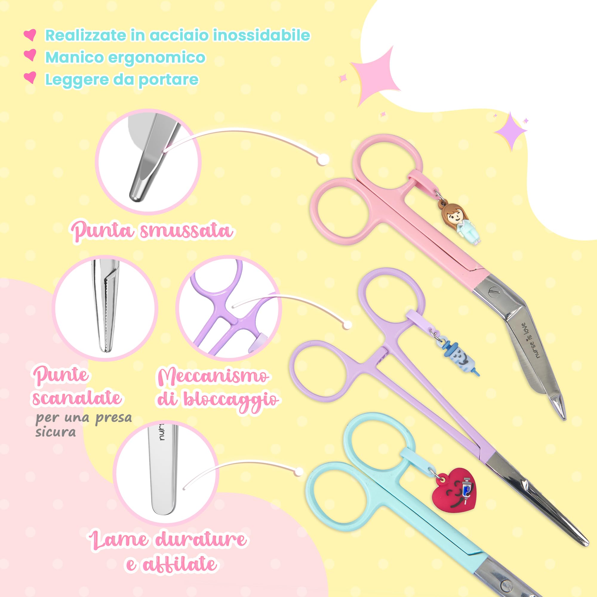 Nurse is Love Set 3 pz Forbici Infermieristiche Pico di Pato & Dritta Mayo + Strumento di Fissaggio | Forbici Punta Roma per Bende, Accessori Infermiera, Primi Soccorsi, Ausiliario Infermieristico