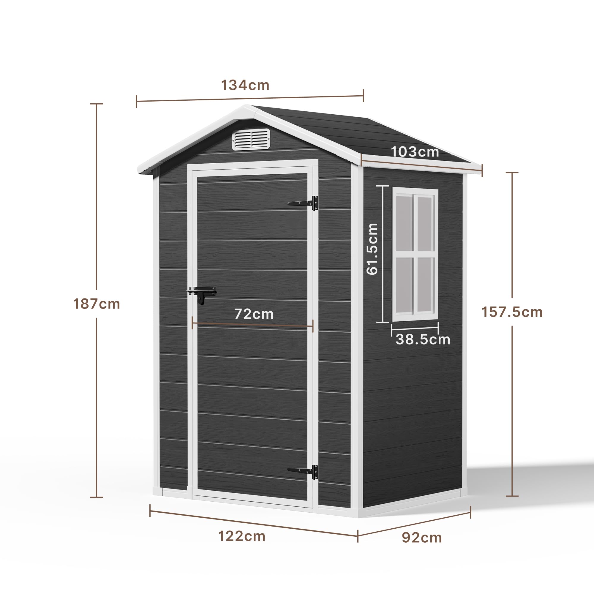 Abri de Jardin en Résine, Cabane à Outils Imperméable avec Fenêtre et Ventilation, Abri de Rangement Verrouillable pour Outils de Jardin, 122 x 92 x 188 cm (Noir)