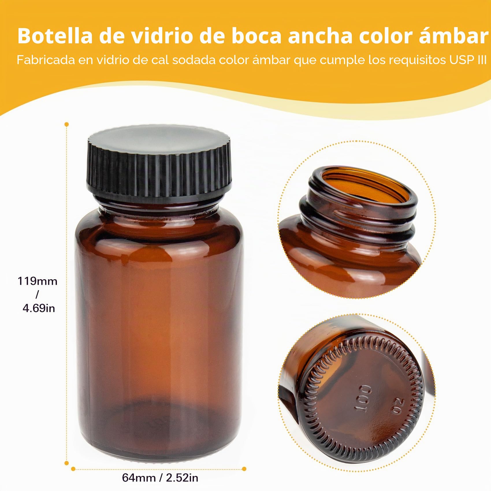 ALWSCI Frasco de Vidrio ámbar de Boca Ancha con Tapón de Rosca de Polietileno Recubierto de PE Negro Septa 50x87,5mm, Paquete de 24