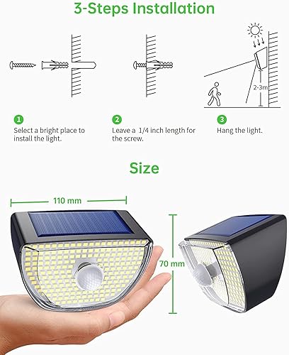 Miniatura 7 de OOTDAY 200 luces LED solares con sensor de movimiento, luces solares para exteriores IP65 impermeables, luz de pared solar con 3 modos de
