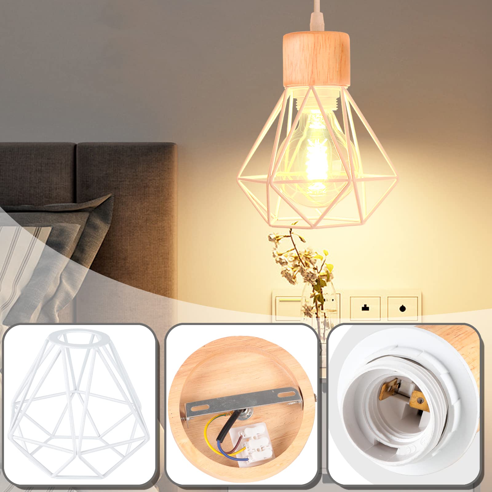 3 Luces Lámpara Colgante Vintage 16CM Retro Lámparas de Techo Diseño de Jaula Blanco Luz Colgante en Madera Hierro E27 Iluminación de Techo de Interior para Comedor Cocina (Araña 3 Luces B)