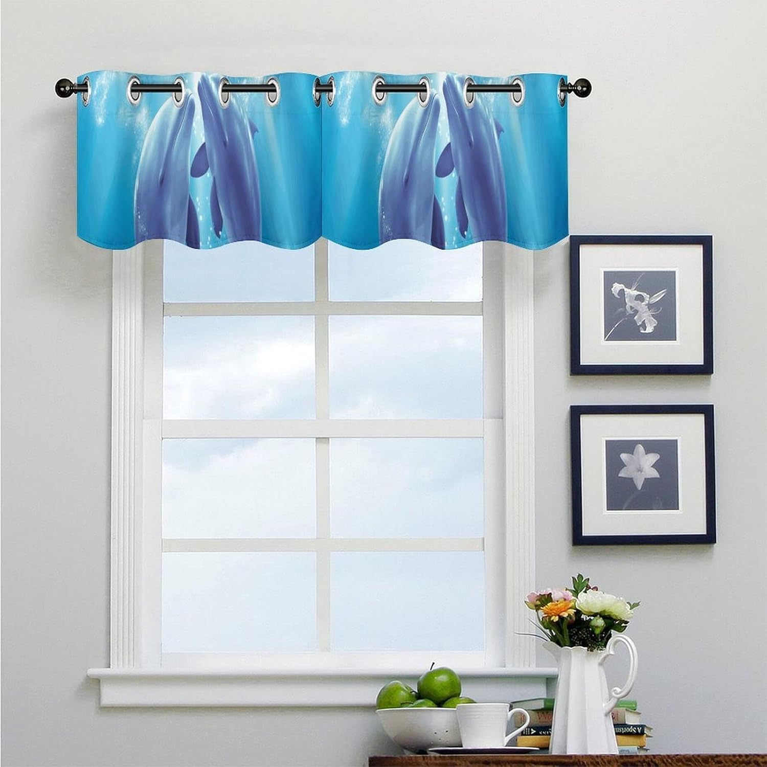 Dolphins in Love Valance for Windows, 2 Pack Kitchen Curtains Modern Home Decor, Soft Blackout Window Curtains for Living Room & Bedroom, 18 X 52 Inch