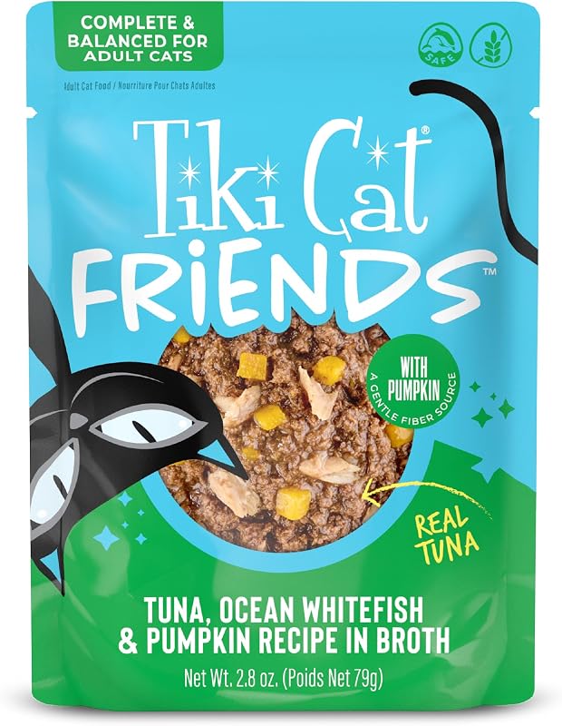 Ração úmida para gatos adultos Tiki Cat Friends com atum, peixe branco do oceano e abóbora, 79 g