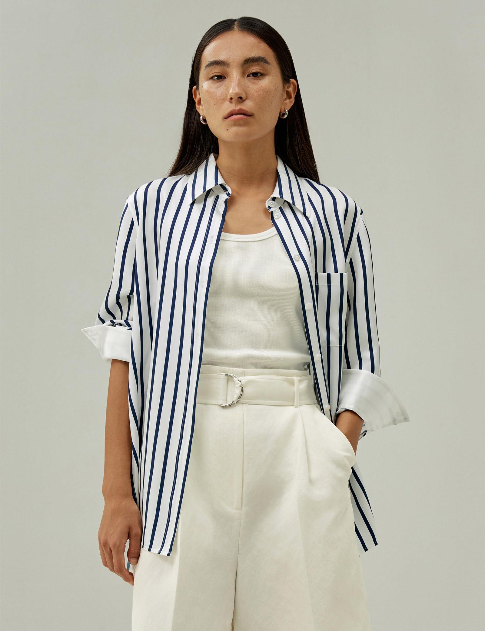 LilySilk Damen Oversized Seidenbluse Satinpaspeln an Ärmeln und Kragen Zeitloses Design für Büro und Freizeitoutfits