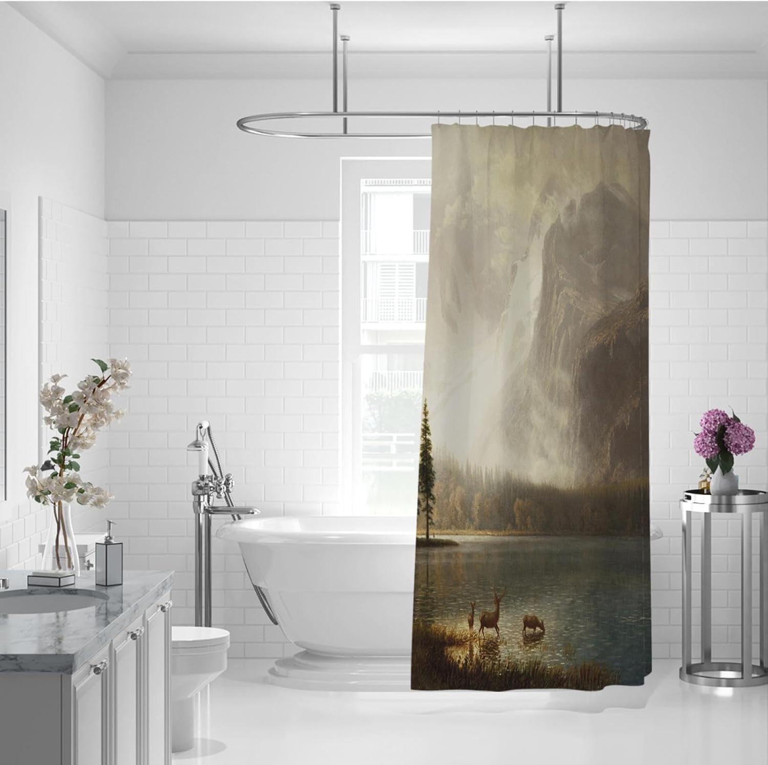 Albert Bierstadt Style Fabric Shower Liner Curtain Natural Landscape Bathroom Curtain Wild Animal Bathtub Curtain Waterproof Quick-Drying 72Wx96L