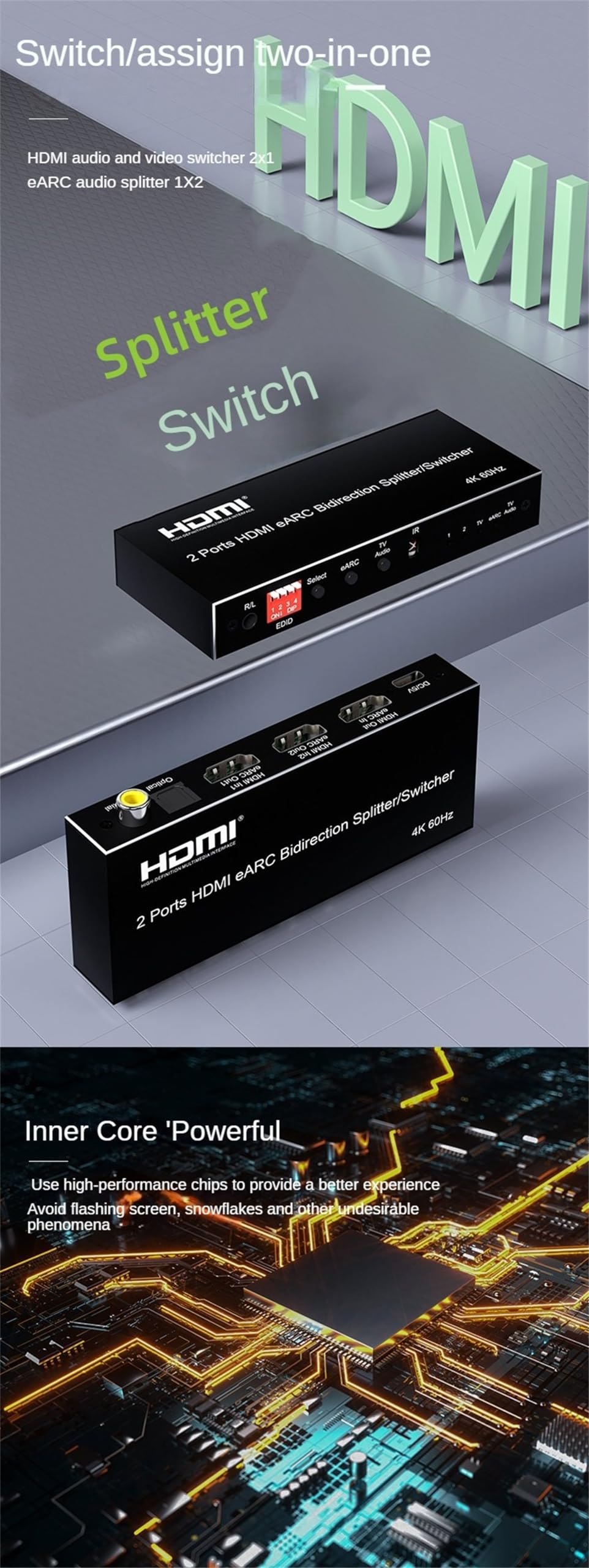 Estrattore audio HDMI eARC, 2/4 porte bidirezionale HDMI eARC Audio estrattore 4K 60Hz HDMI Toslink SPDIF COAXIAL 5.1CH Switch Audio HDMI & convertitore Splitter (2 porte HDMI)
