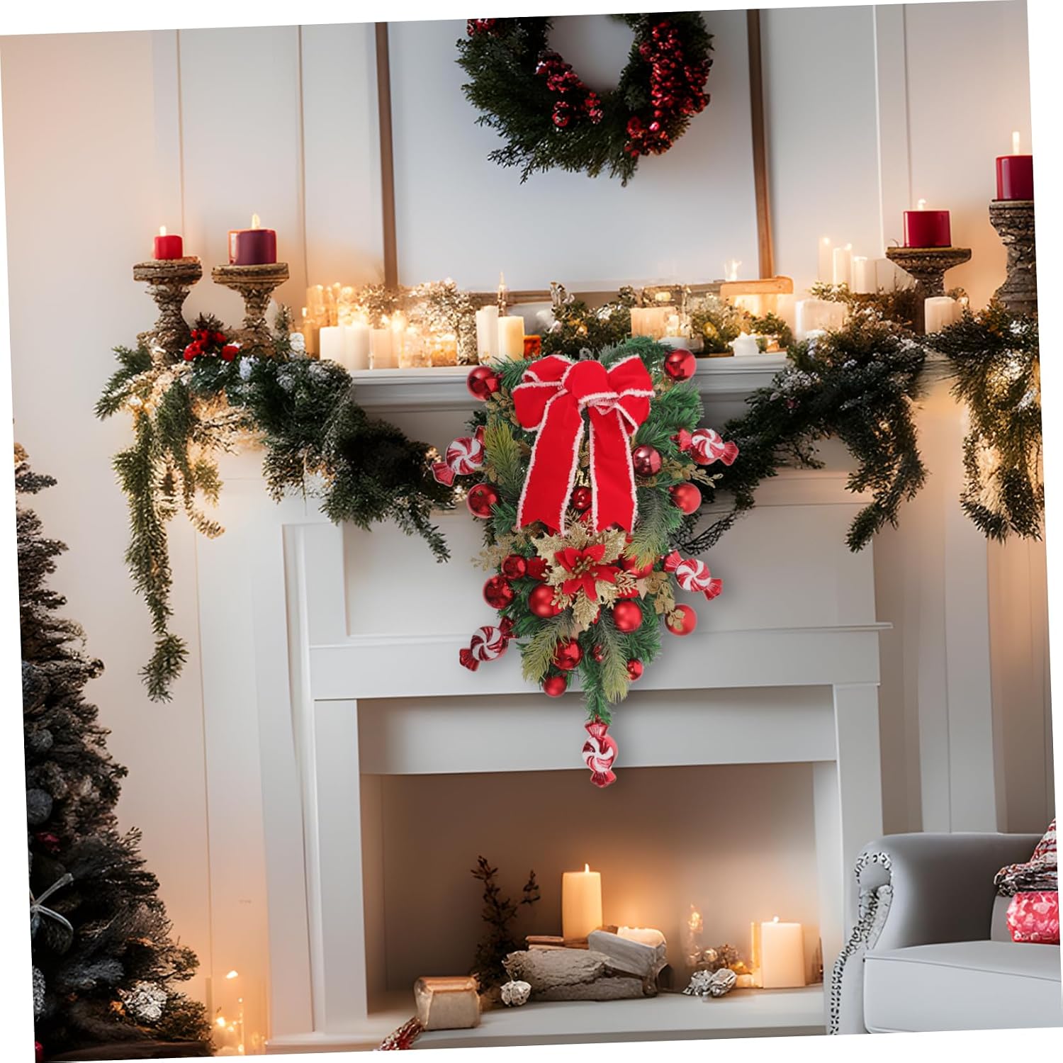 Bowkont Christmas Teardrop Swag Wreath Elegant Artificial Pine Needle Decoration for Door Wall Window Holiday Home Natural Look and Easy Care for Family and Friends