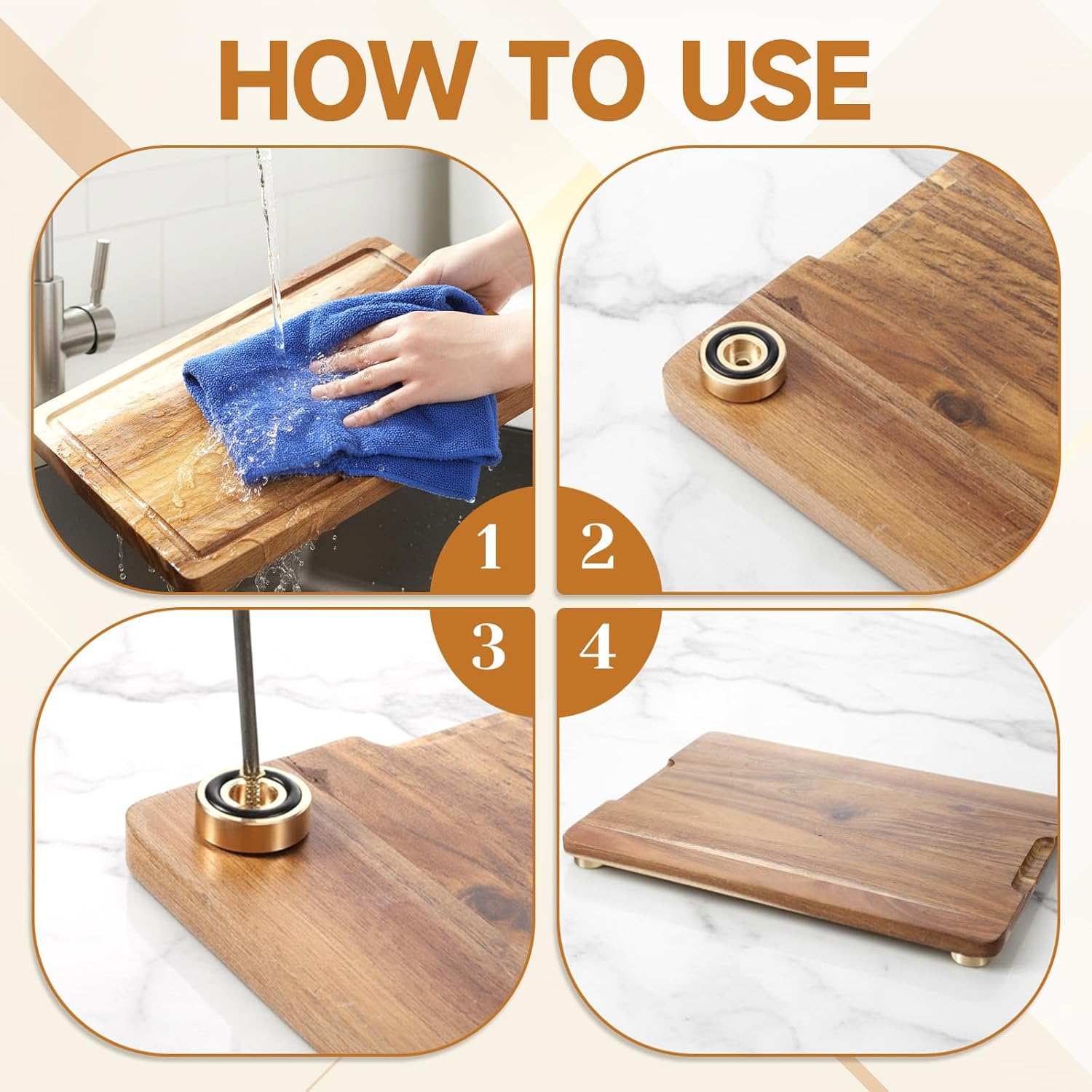 8 Pcs Brass Cutting Board Feet with Non Slip Pads 1.18 x 0.39 Inch Rubber Feet for Cutting Board with Screws for Wood, Bamboo Cuting Boards