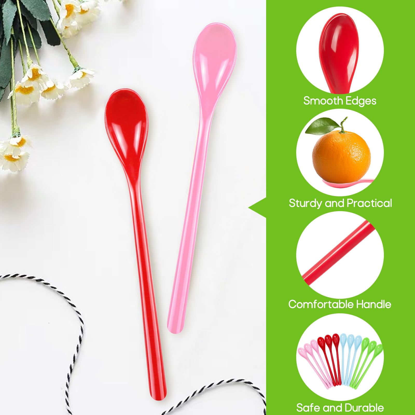 Amentalove 12 Pcs Cucchiaini Plastica Colorati, Cucchiaini Lunghi Plastica Riutilizzabili, cucchiaini da Caffè, cucchiaini Gelato, Cucchiaio plastica Multiuso per Tè, Yogurt, Dessert e Cocktail