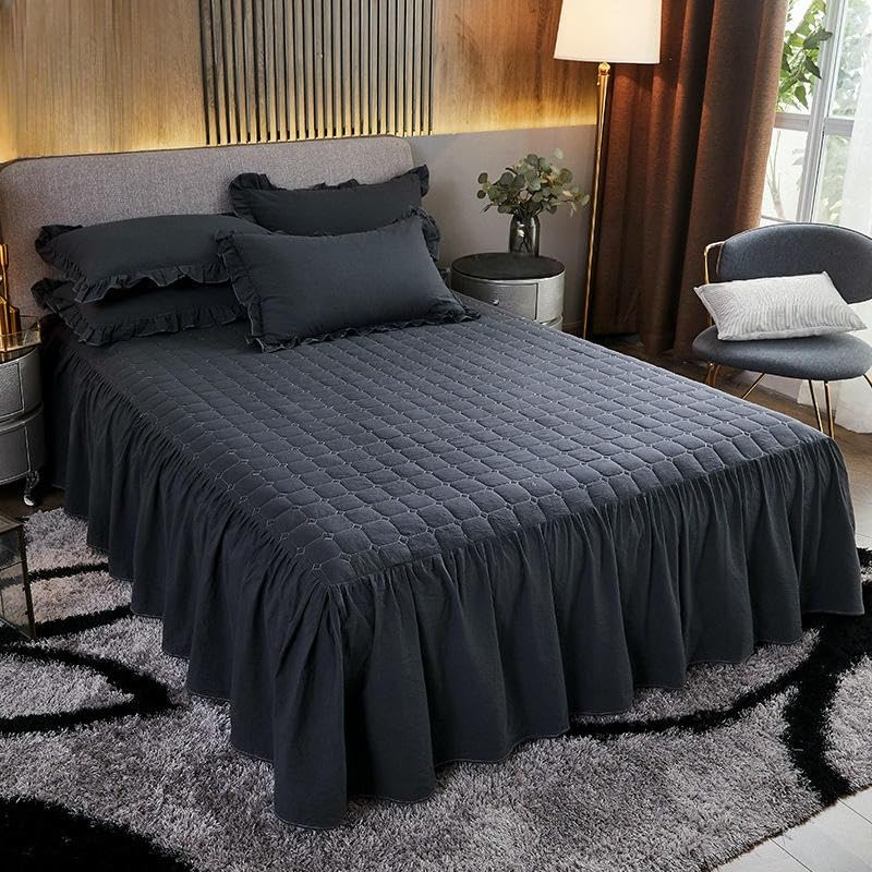Falda de cama de algodón grueso con dobladillo con volantes y color liso