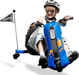ELEMARA Drift Kart with Stepless Speed,12V Drifting Go Karts for Kids with Adjustable Seat,5 MPH Kids Go Kart with Music,Bluetooth,Light,Pennant,for Kid Age 6-14, Blue