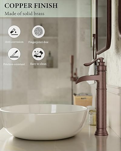 Miniatura 4 de Grifo de lavabo de cobre, grifos altos de baño, cascada, mango único, 1 agujero, antiguo, con drenaje desplegable y líneas de suministro, grifo