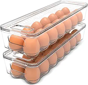 Utopia Home Egg Container With Lid and Handle for Refrigerator - Pack of 2 - Clear Stackable Egg Holder for Kitchen Storage and organization
