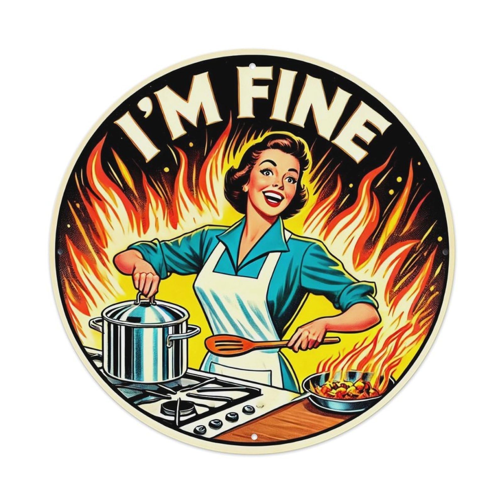 Retro Housewife Cooking In Flames Retro Metal Tin Sign, Vintage Metal Poster for home, Gaming Room, Studio Workshop,Bar,Garage Wall Art Decor 8x8 inch