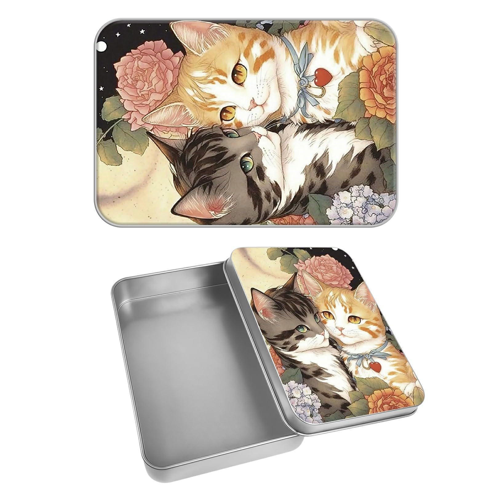 Rectangular Metal Tin Box with Removable Lid, Cat Flowers Decorative Printed Metal Storage Container for Cards, Diaries, Home Organization 4.53 x 3.35 x 0.86 inch– Single Pack