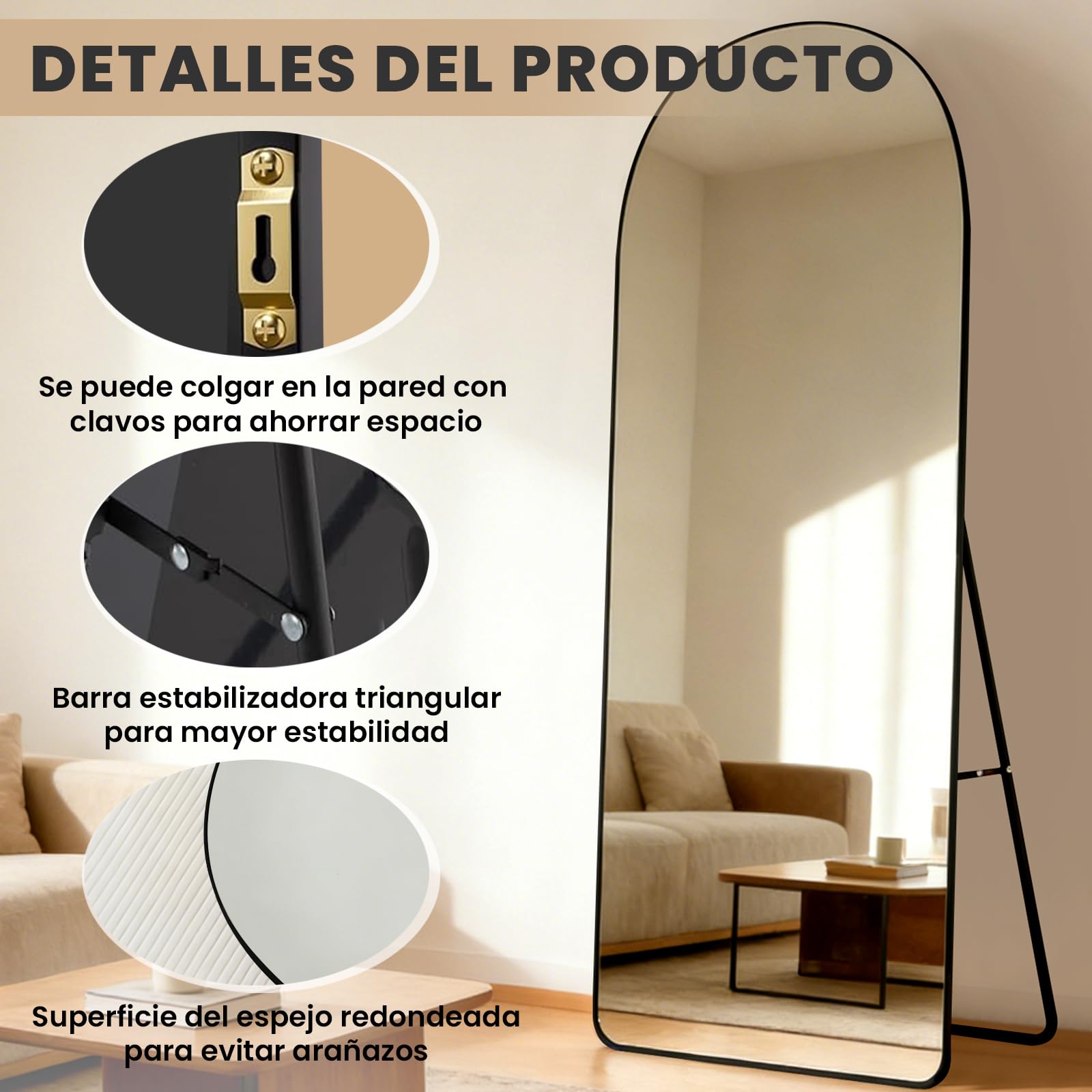 Espejo de Pie Cuerpo Entero 160x50cm Negro en Forma de Arco, Cristal Templado, para Pared o Soporte de Habitación