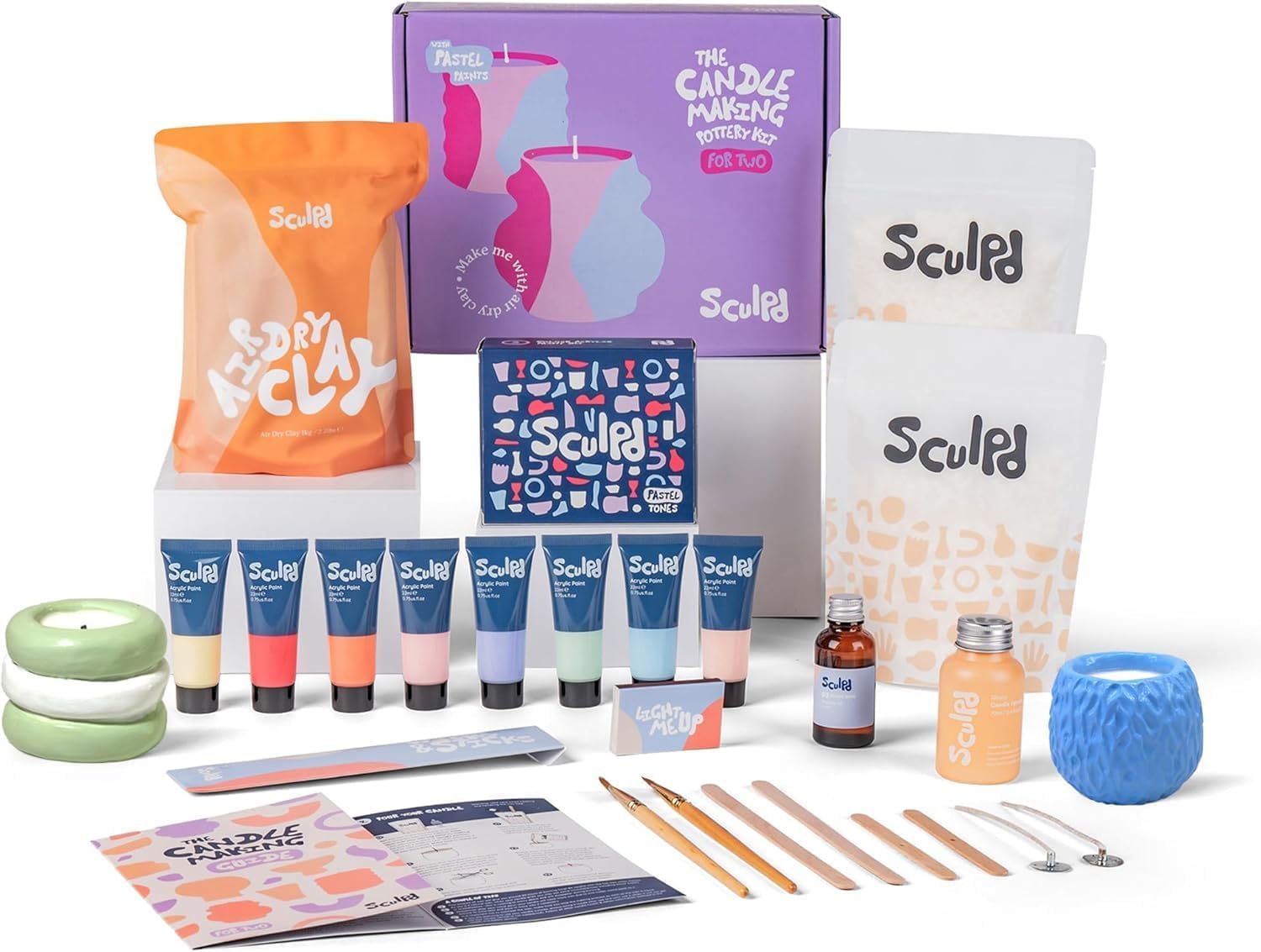 Kit de Fabrication de Bougies en Céramique Sculpd pour Adultes avec Ensemble d'argile à séchage à l'air et Peinture Acrylique, Cire de Soja Écologique Non-Toxique, Huile Parfumée Parfumée, Glaçure de