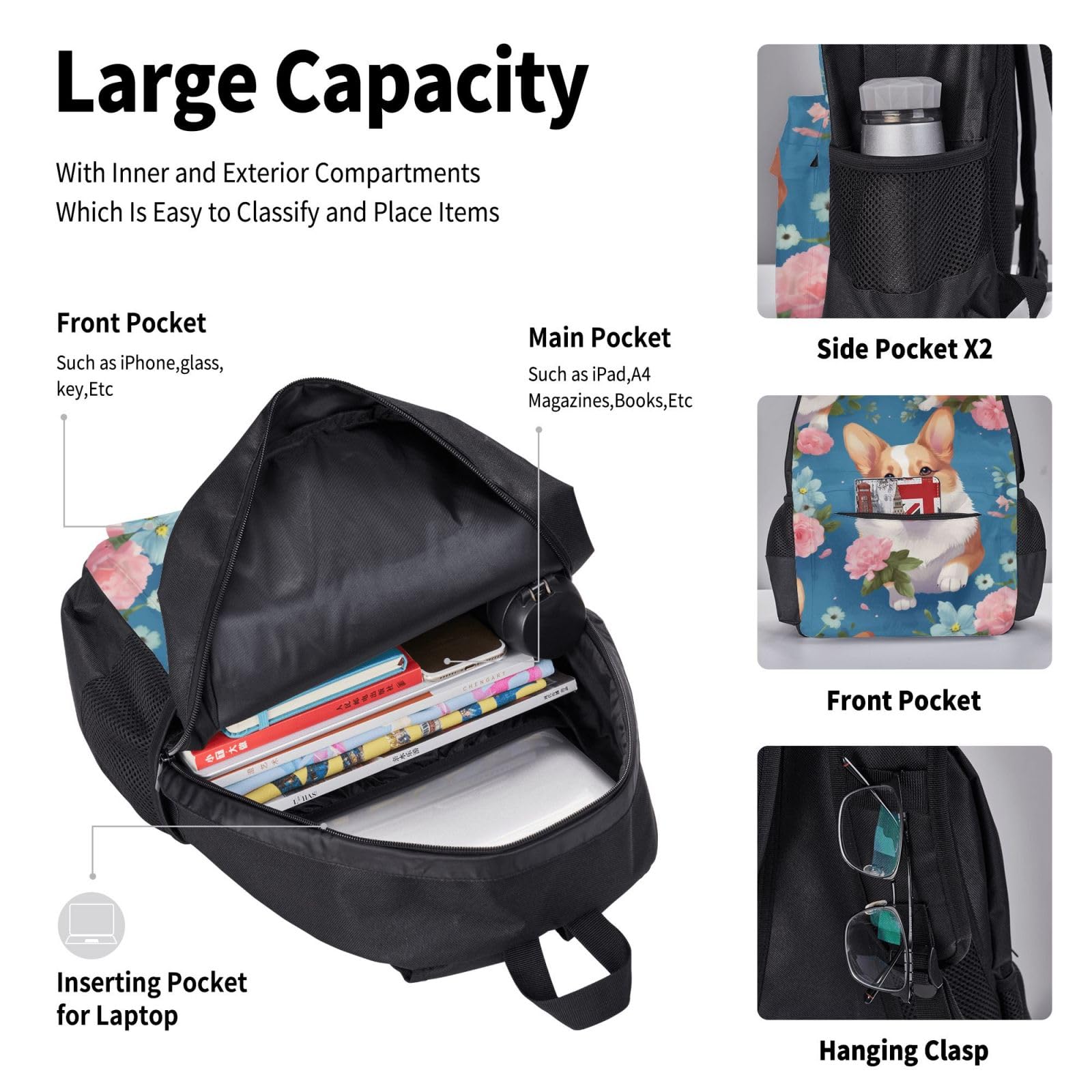 Corgi - Set di 3 zaini per computer portatile, motivo floreale, con borsa termica per il pranzo e organizer per lavoro