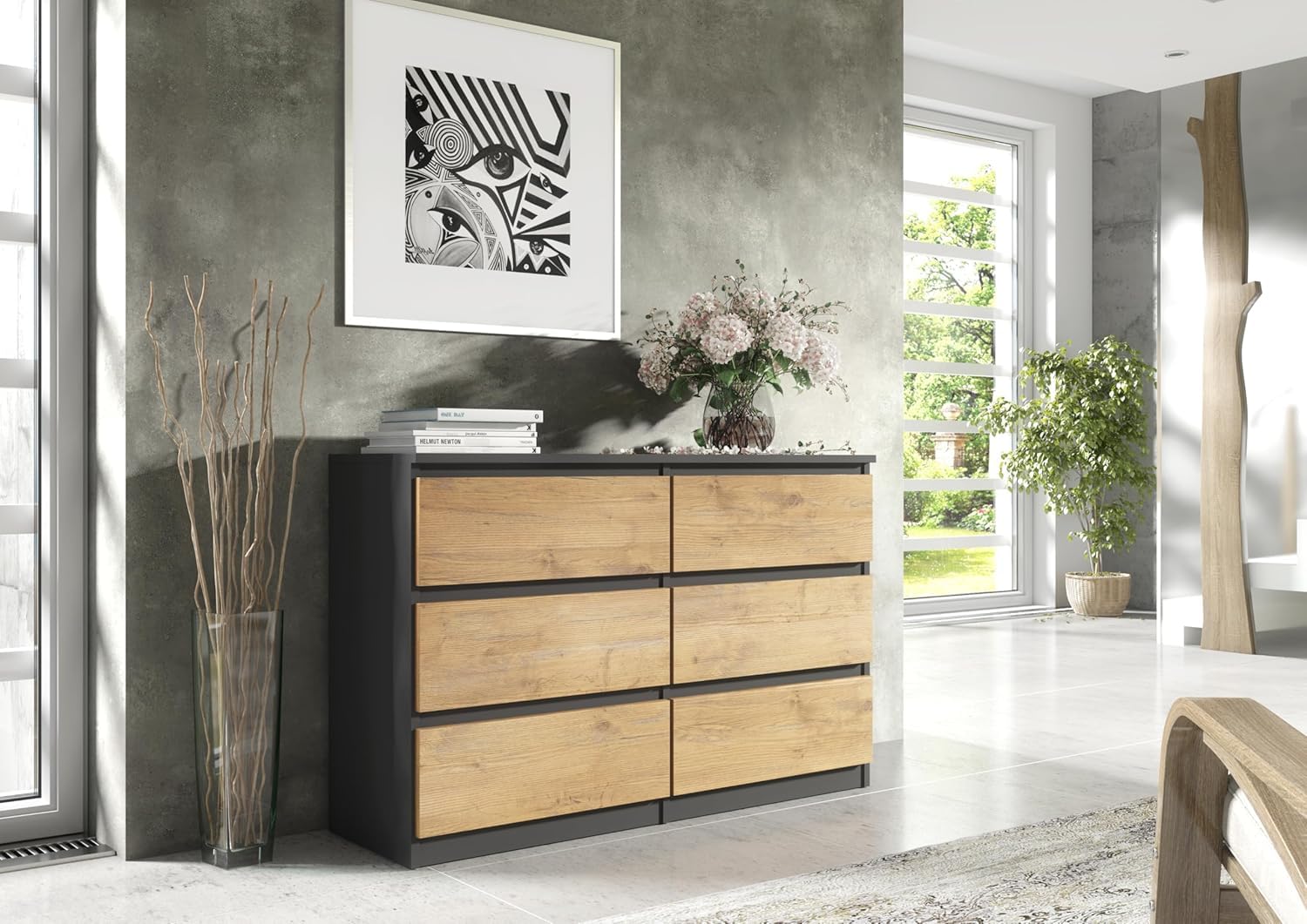 meble masztalerz Cassettiera Camera da Letto con 6 Cassetti - Credenza Soggiorno - Moderna Comò - Cassettiera Alta - Mobiletto con Cassetti - Antracite & Lancelot 138,5 x 39 x 78,5 cm