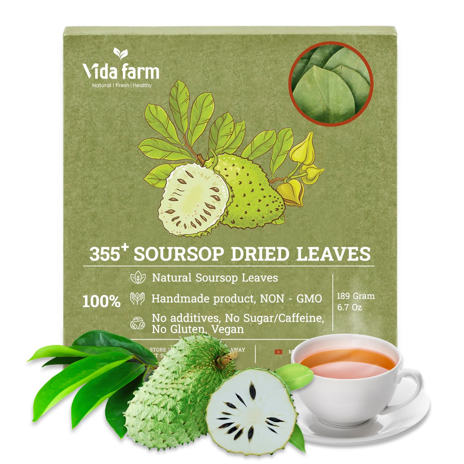 VIDA FARM 355+ Dried Soursop Tea Leaves, Natural Whole Dried Soursop Leaves Graviola, Hojas de Guanabana Para Te Guanabana Leaf Herbal Tea