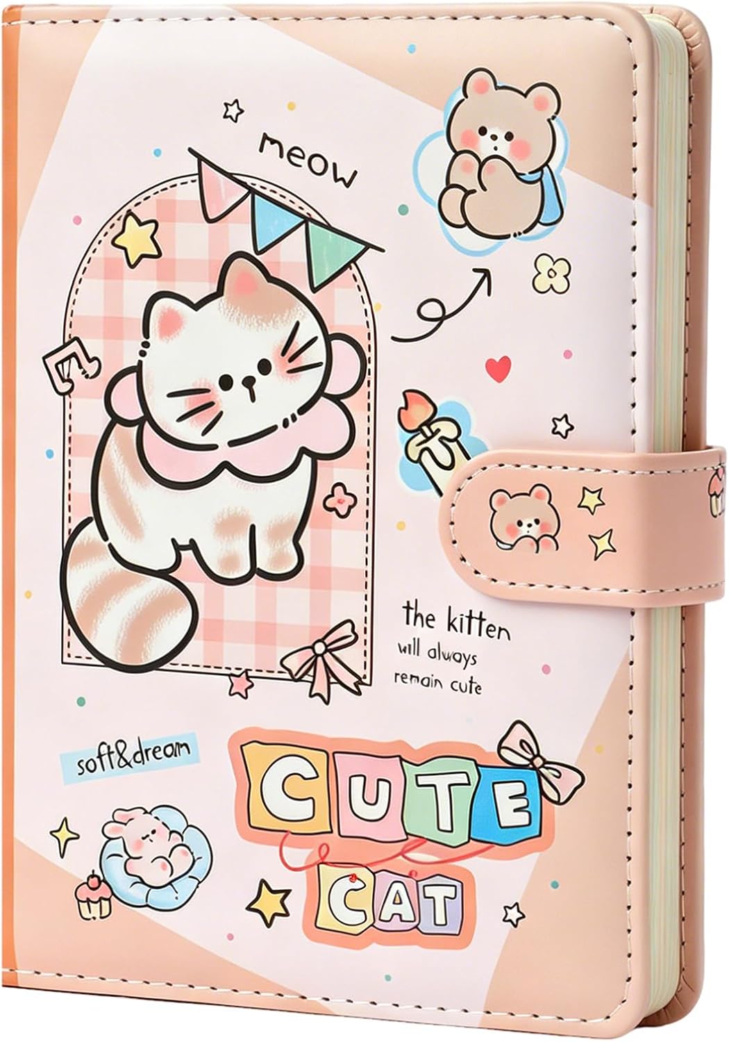 Travel Journal Notebook for Girls, Soft Leather To Do List Planner, Cute Cat Theme Colorful Diary 224 Pages with Magnetic clasp (Orange)