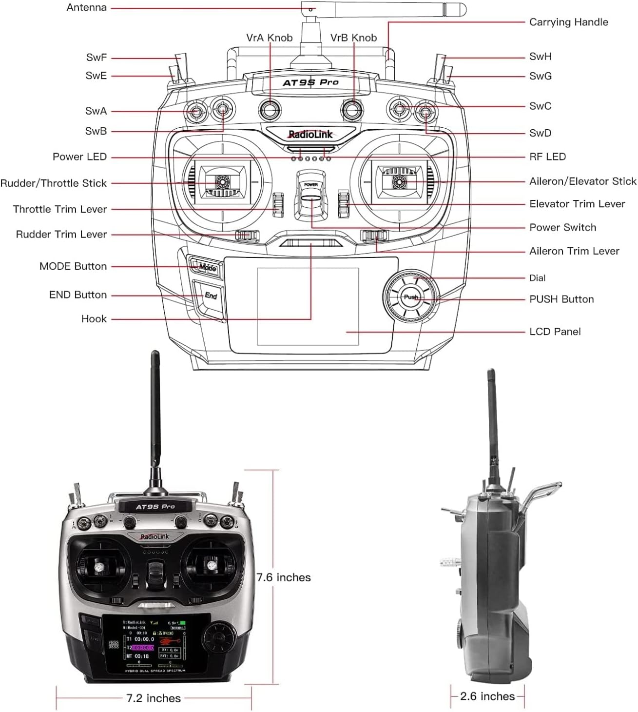 HTLNUZD Radiolink AT9S Pro 2.4G Radio Controller Transmitter 10/12 Channels DSSS & FHSS Communication with R9DS Receiver, for RC FPV Racing Drone Truck Car Boat (Grey-Radiolink AT9S Pro)