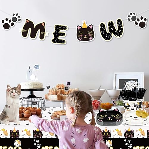 Miniatura 8 de 167 piezas de decoración de fiesta de cumpleaños de gatos, incluyendo platos de gato, servilletas, vasos, mantel, pancarta MEOW y pajitas de papel