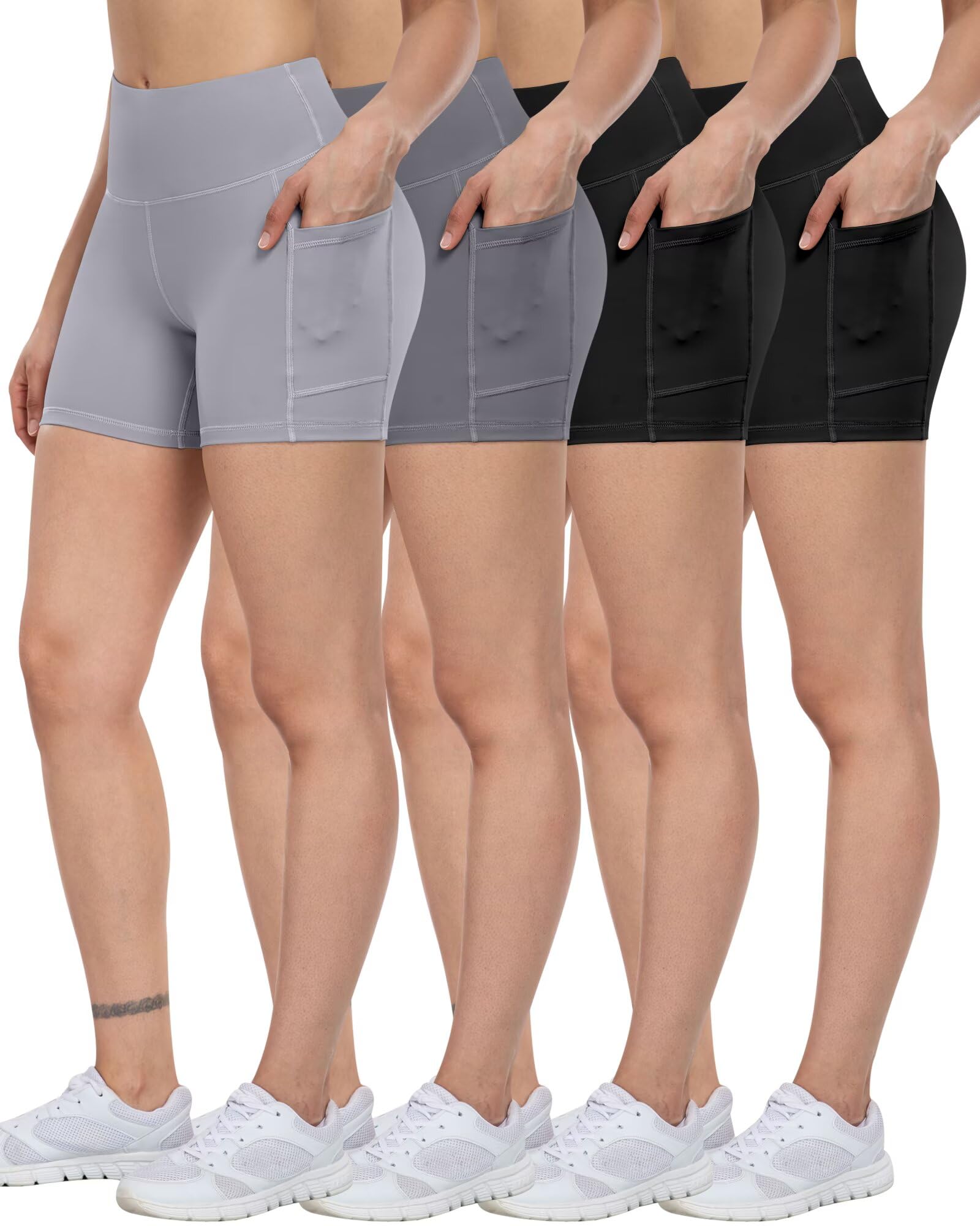 ATHVOTAR Lot de 4 shorts de yoga en élasthanne avec poches pour femme 7,6 cm/12,7 cm/20,3 cm, short de motard gainant le ventre, 2 noir/gris/gris clair, Taille L