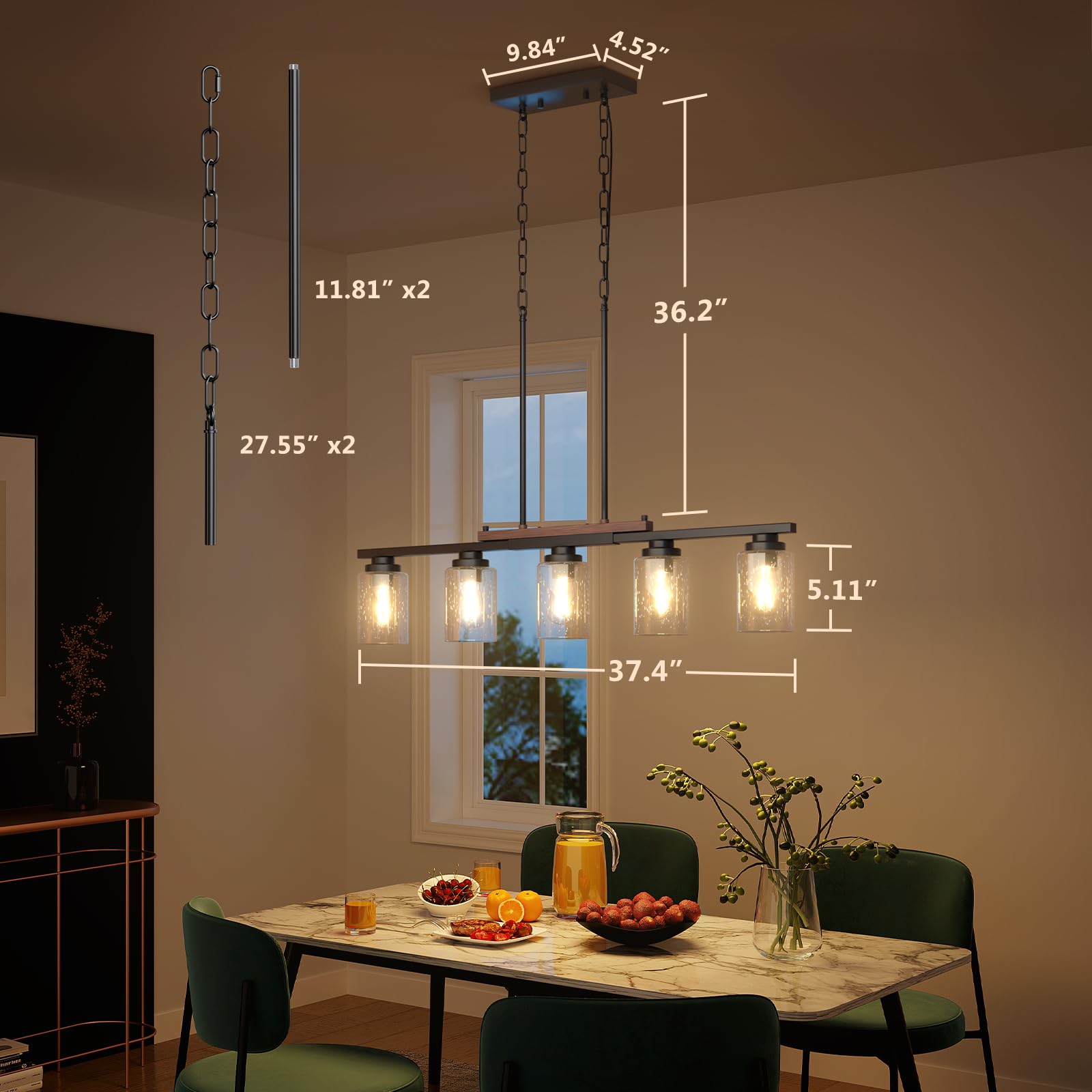 Amico Kitchen Island Lighting, Farmhouse Pendant Lights Kitchen Island, Chandeliers for Dining Room with Glass Shade and Adjustable Rods Pendant Lighting Fixture (Bulb not Included) (5-Light)