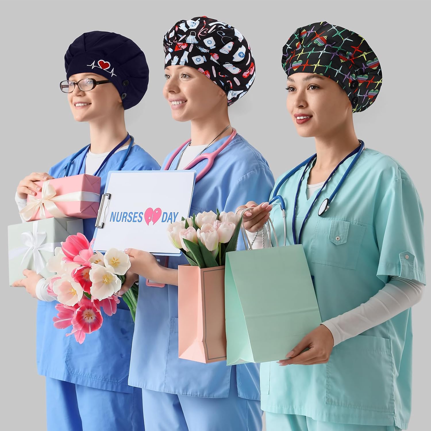 Chicingyou 16 Pcs Nurse Scrub Caps Gifts for Women Nurse Week Gift Surgical Caps Dental Scrunchies Badge Reel Keychain